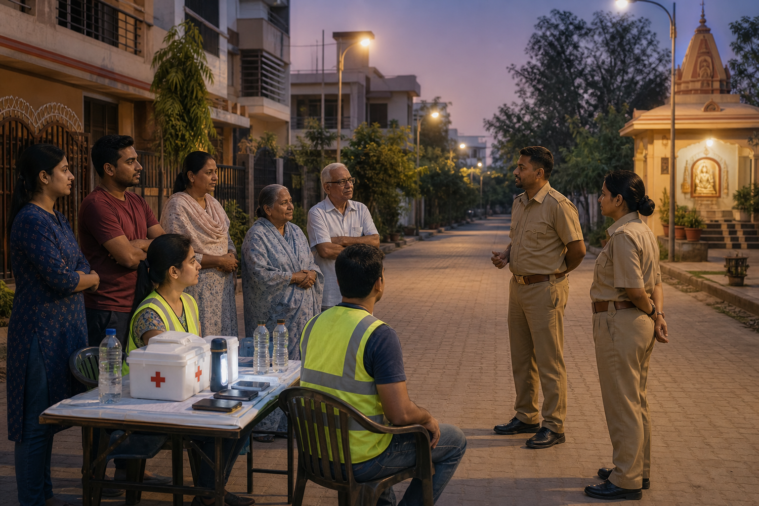 Residents organize water, first aid, flashlights, and phone contact while calmly speaking with public-safety officers on a Greater Noida street.