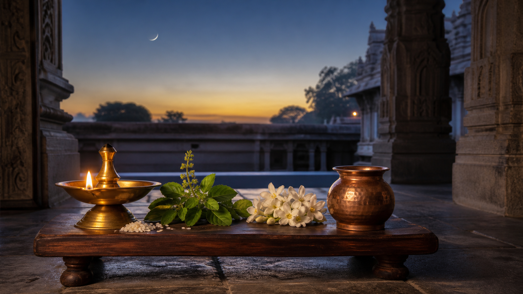 A brass oil lamp, copper vessel, tulsi leaves, and white flowers arranged on a veranda beneath a waning moon at dawn.