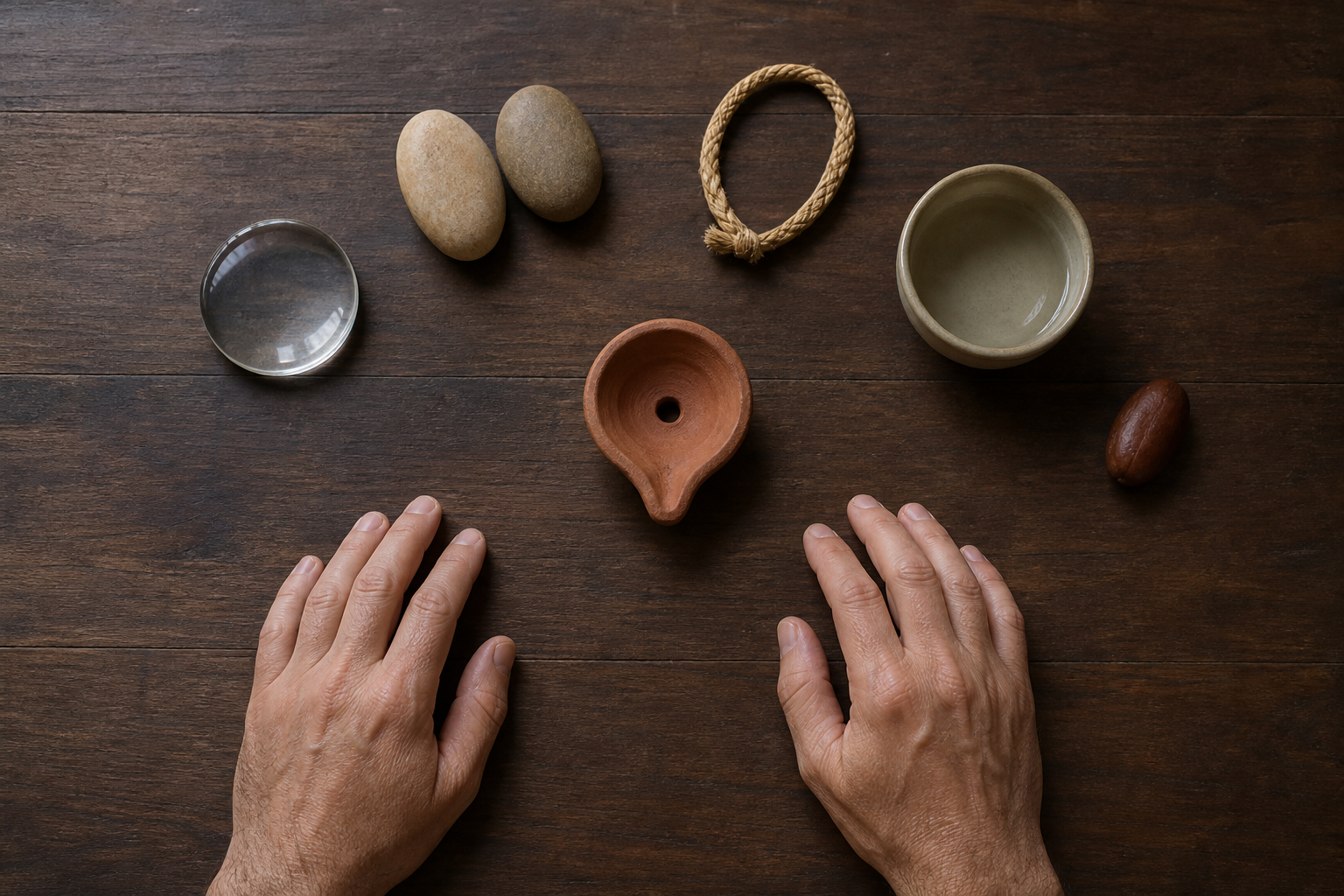 Five unmarked objects are arranged around a small clay lamp on a wooden table as a person's hands rest nearby.