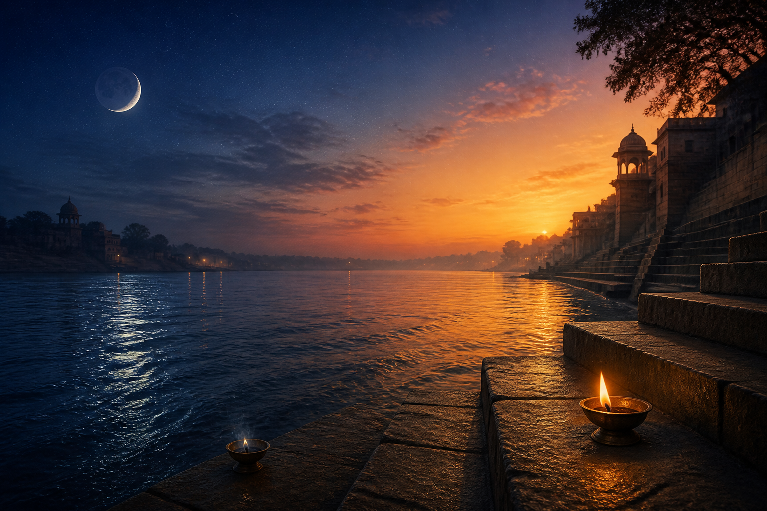 A river and stone ghat under a sky changing from moonlit predawn blue to golden sunrise, with two brass lamps on the steps.