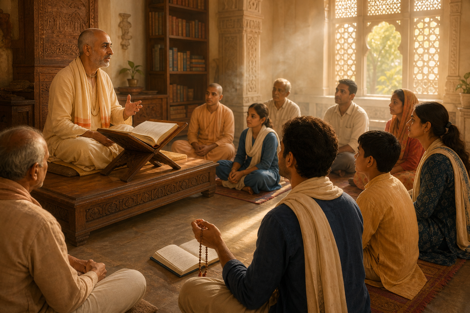 A Vaishnava teacher speaks beside an open scripture on a bookstand as a small group listens attentively in a sunlit temple study hall.