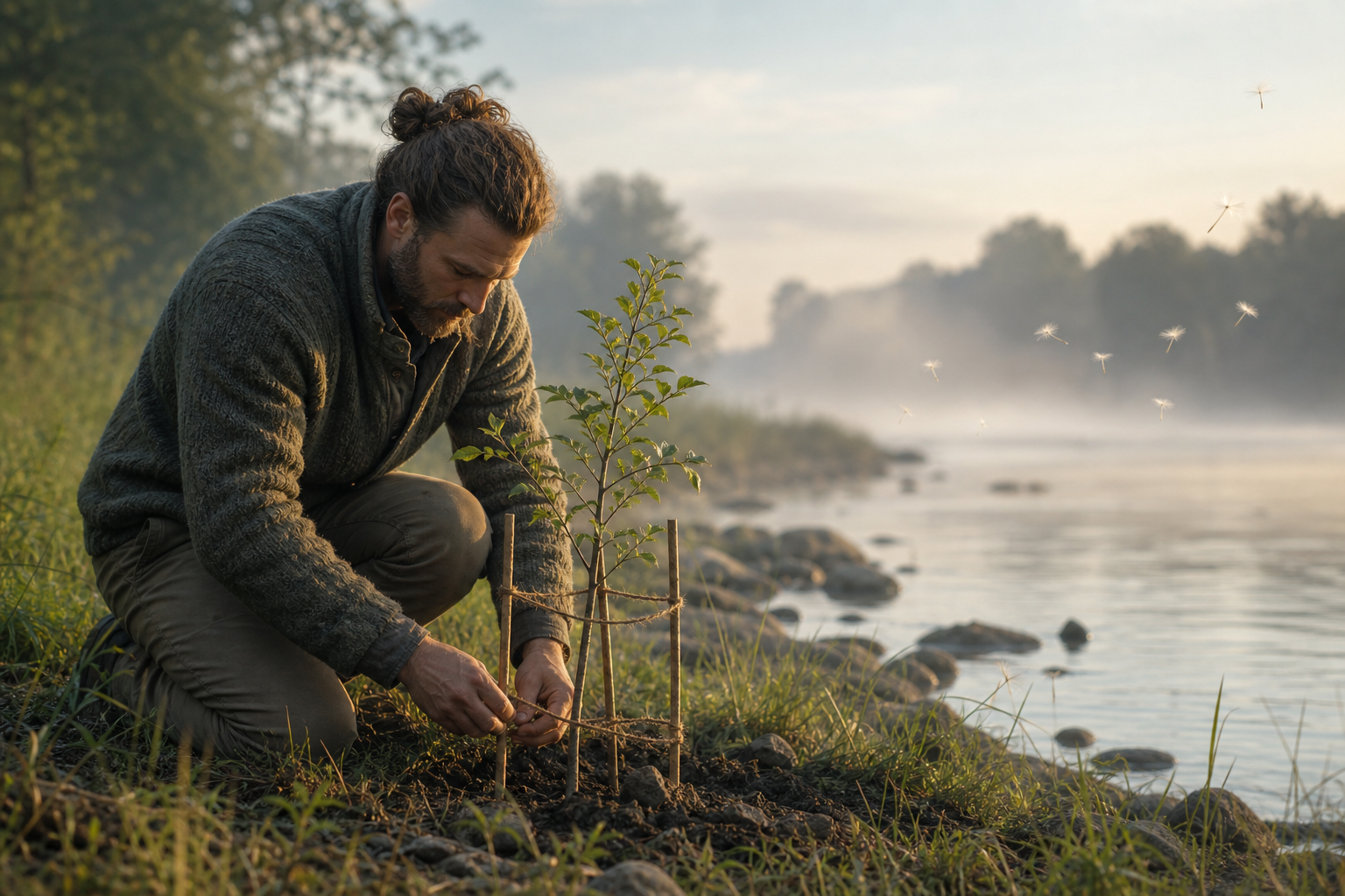 A person secures a young sapling on a misty riverbank while windborne seeds drift away over the water.
