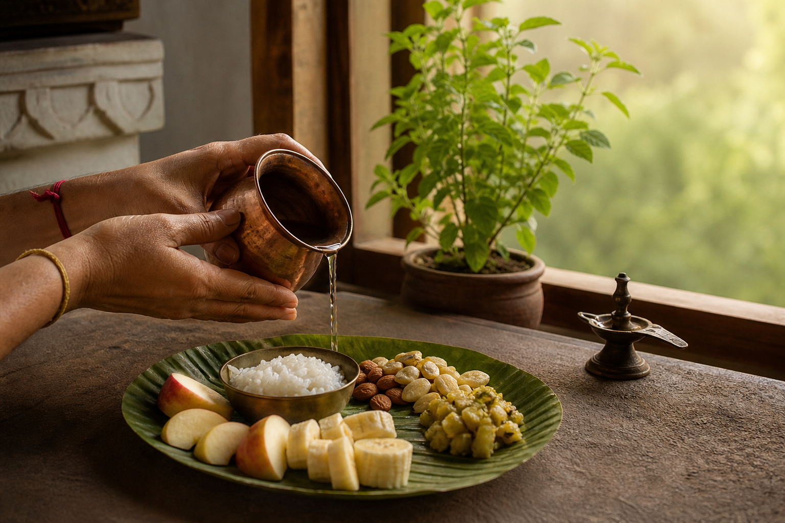 Hands hold a copper cup beside a simple meal of fruit, rice, vegetables, and soaked nuts in morning light.