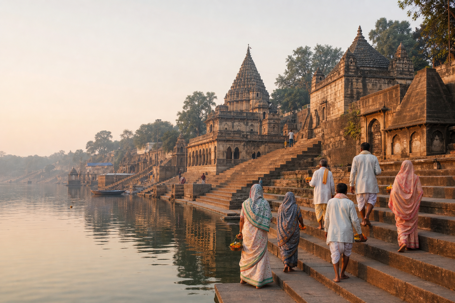 Pilgrims ascend the stone ghats from the Narmada toward a temple in Maheshwar in the early morning.
