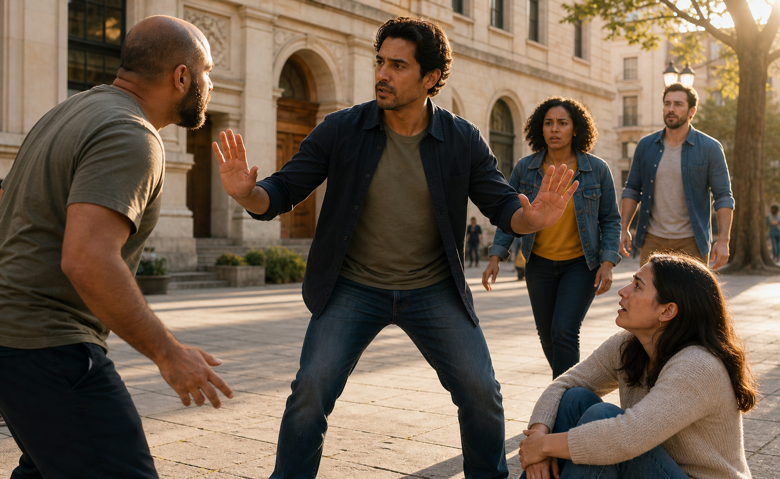 A calm adult with open palms stands protectively between an angry person and a frightened seated person as two bystanders approach in support.