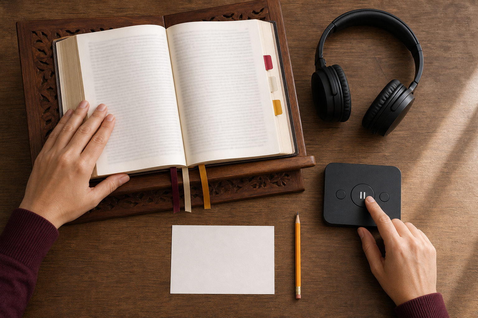 An open scripture with ribbon markers sits on a wooden stand beside headphones, an audio player, a blank card, and a pencil.