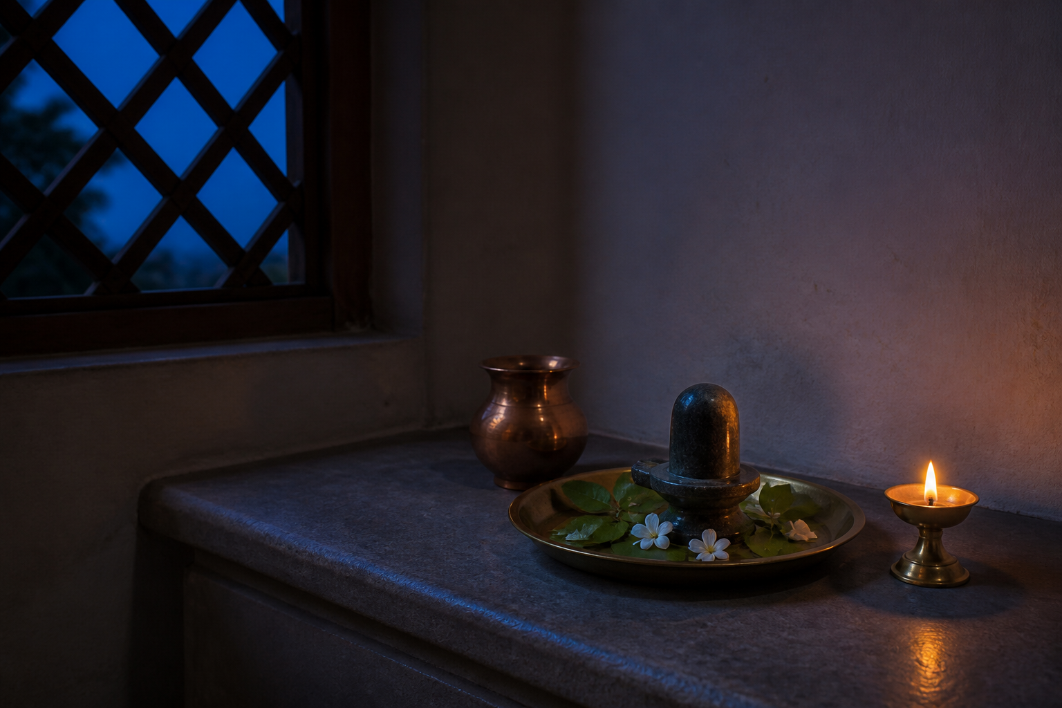 A simple home shrine at dusk with a Shiva lingam, bilva leaves, white flowers, a copper vessel, and one oil lamp.