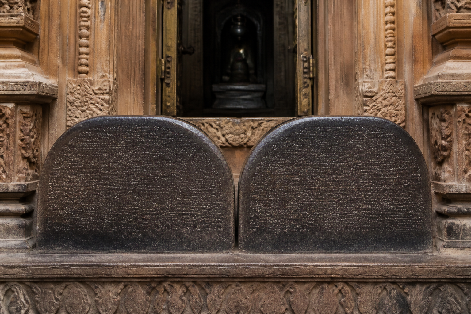 Two smooth dark inscribed stones flank the carved doorway leading into the temple's inner sanctum.