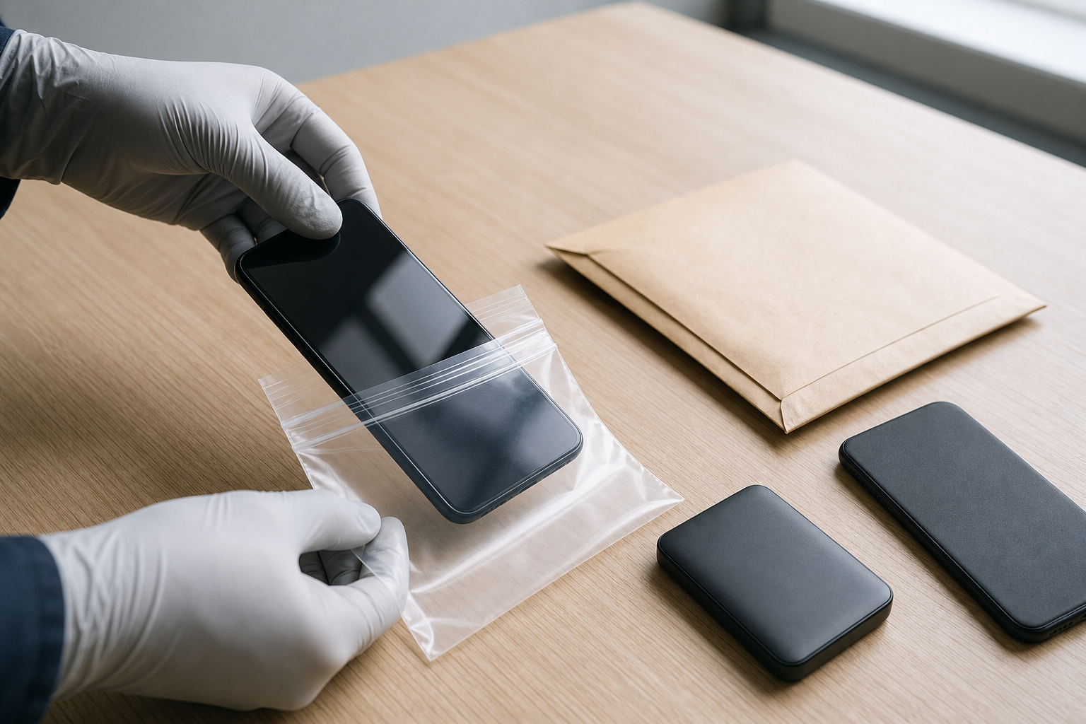 Gloved hands place a dark-screen smartphone into an evidence pouch beside blank storage materials.