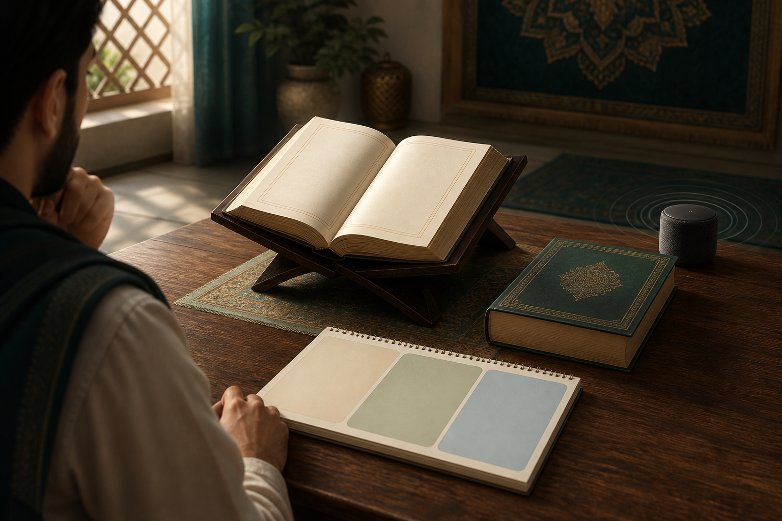 A listener studies a central open scripture with a commentary book, a small audio speaker, and a divided notebook arranged separately around it.