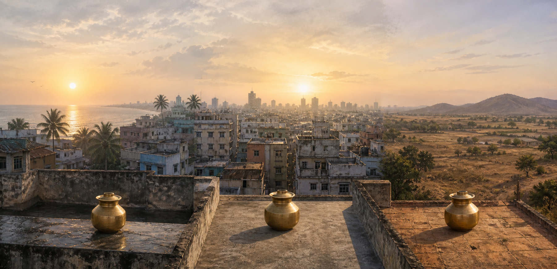 Three Indian settings—a coast, an inland city, and a rural landscape—receive different morning light behind unmarked brass vessels.