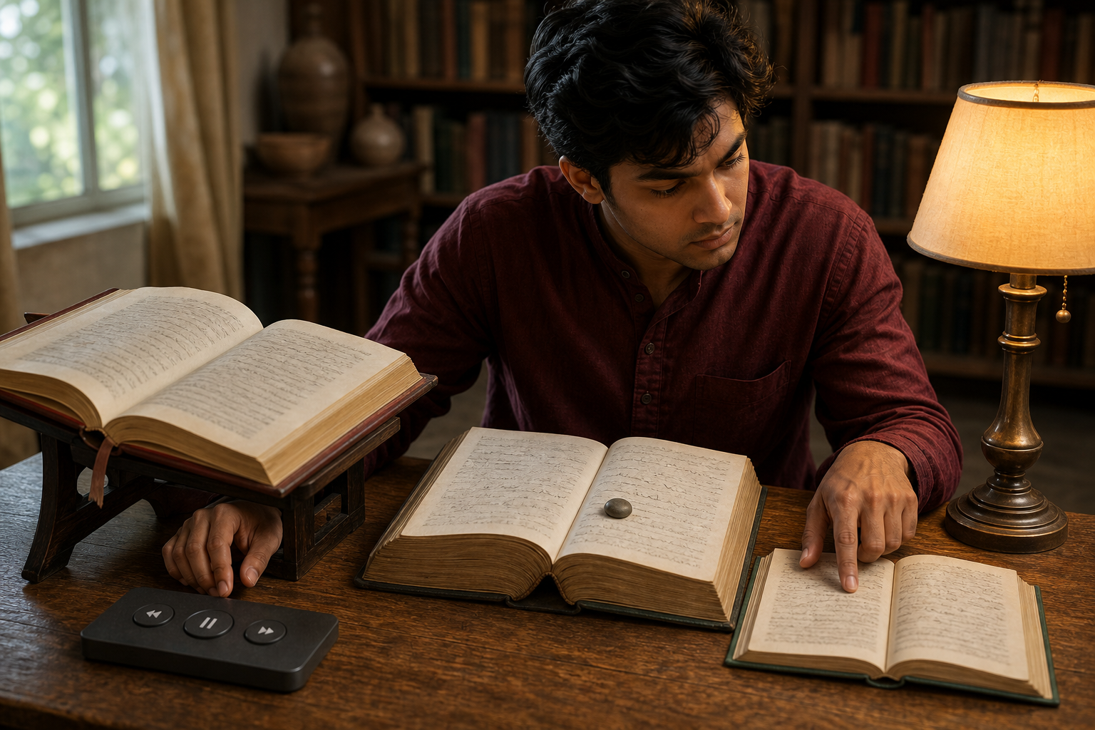 A listener pauses an audio lecture while comparing an open scripture, a reference book, and a commentary in a softly lit library.