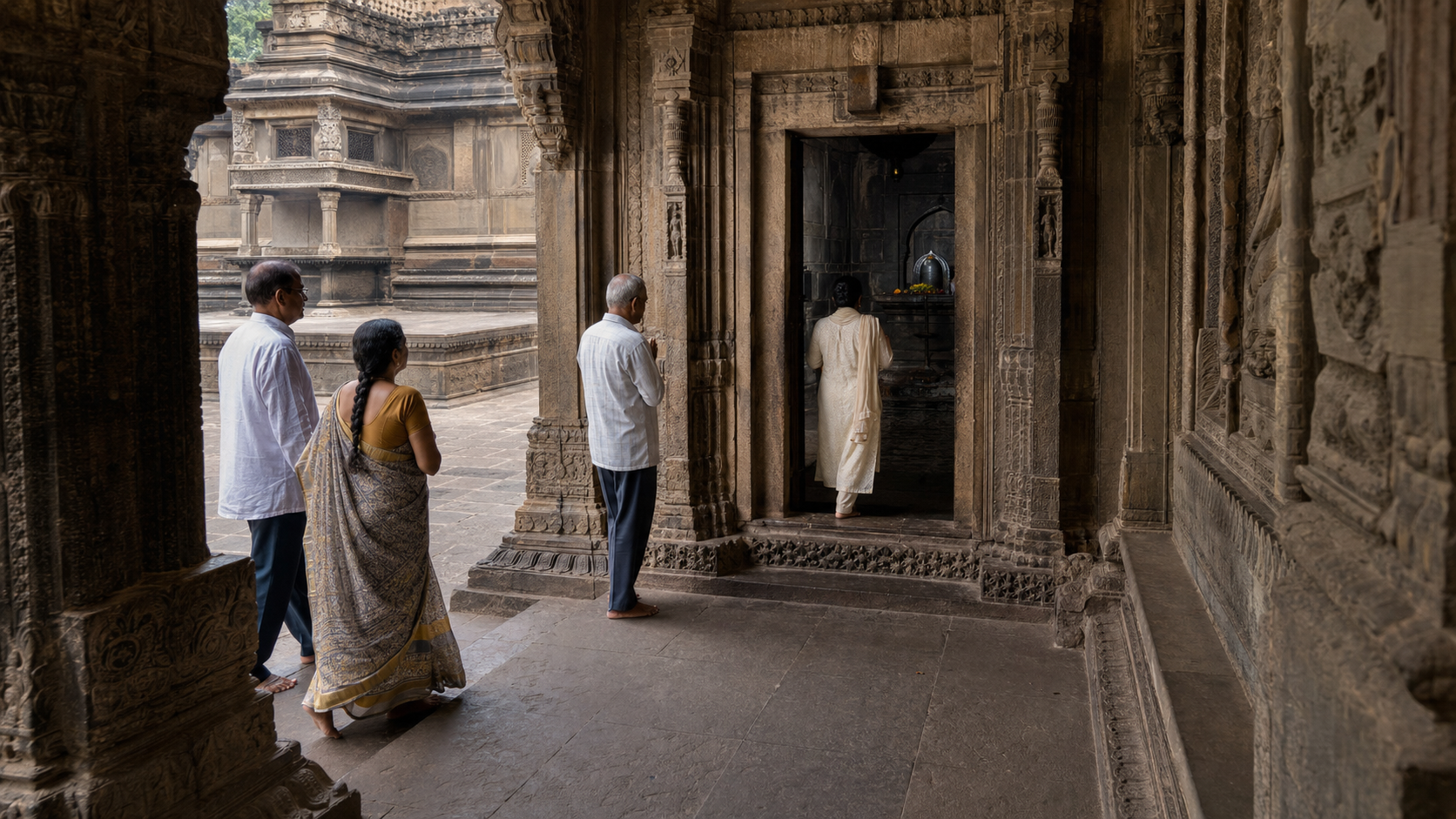 Pilgrims pause at the temple doorway before proceeding into the inner sanctum for darshana.
