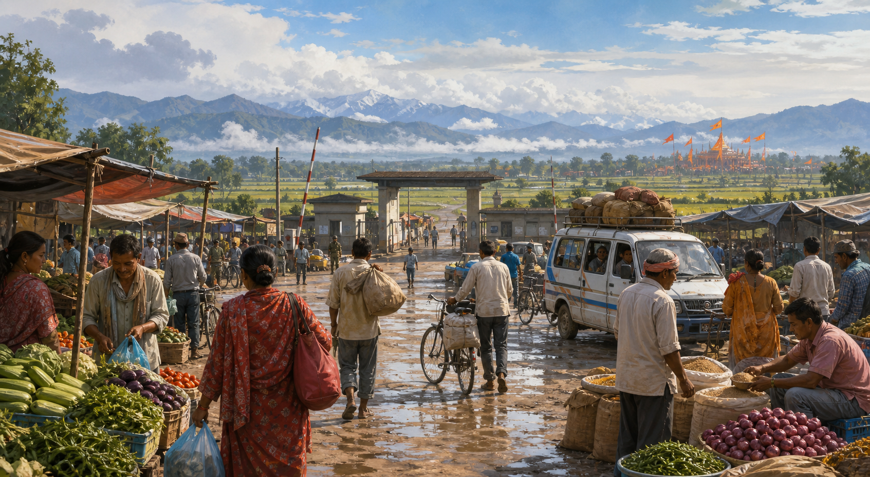 Shoppers and merchants move through a calm market near a lightly staffed Nepal-India border checkpoint in the Terai.
