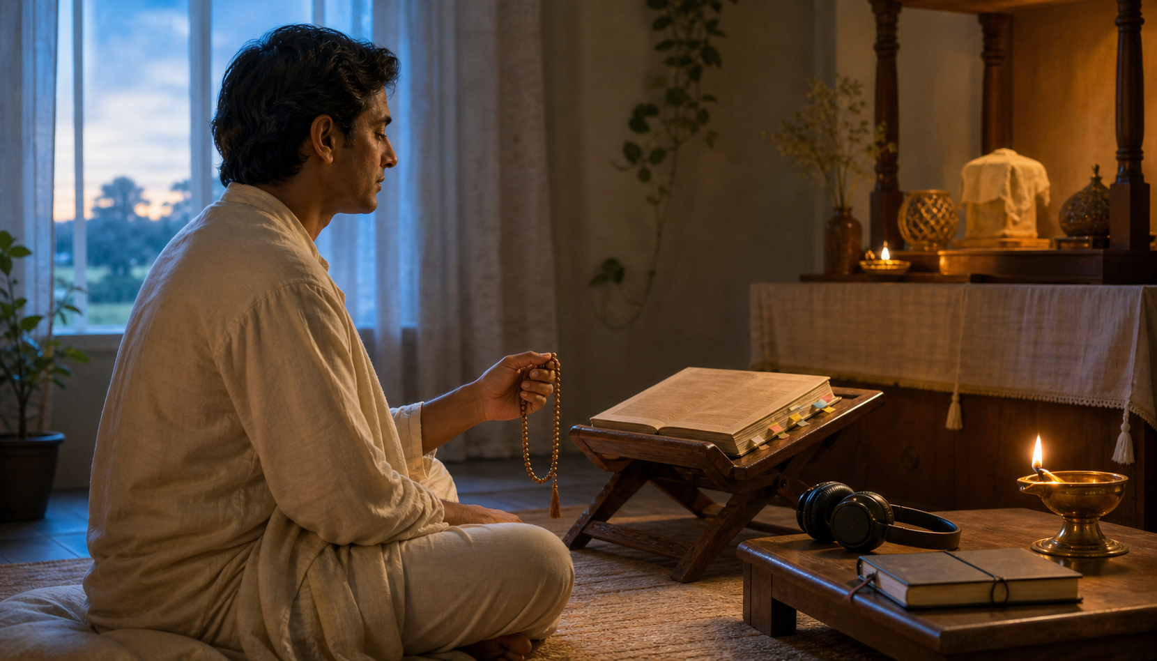 A listener sets aside headphones and begins a quiet prayer-bead practice beside a closed notebook and scripture in a dawn-lit home shrine room.