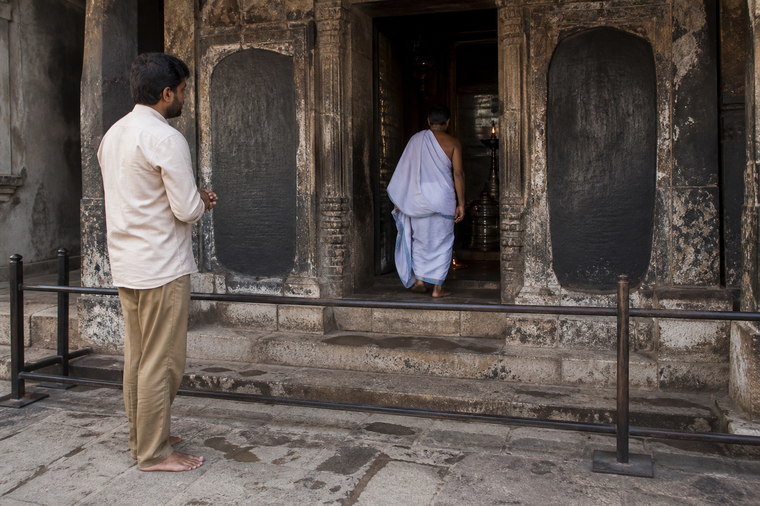 A visitor observes the historic doorway stones from behind a low protective barrier without touching them.