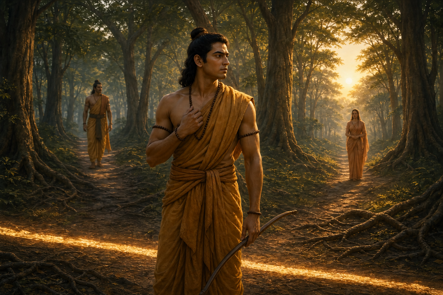 Lakshmana pauses thoughtfully at a forest crossroads while Rama and Sita stand on separate paths behind him.