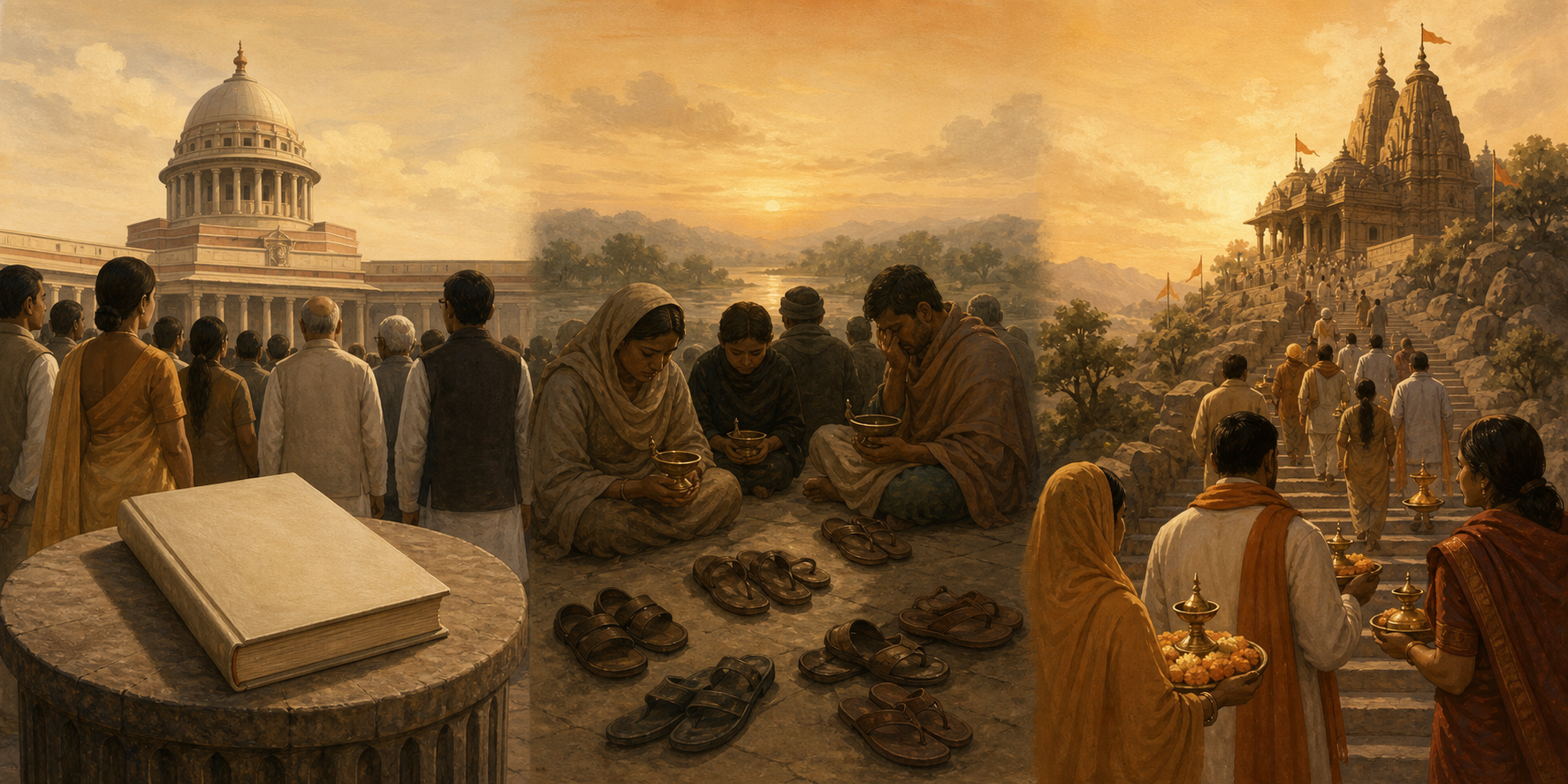 A three-part illustration shows a civic assembly, grieving families with oil lamps, and devotees approaching a Hindu temple.