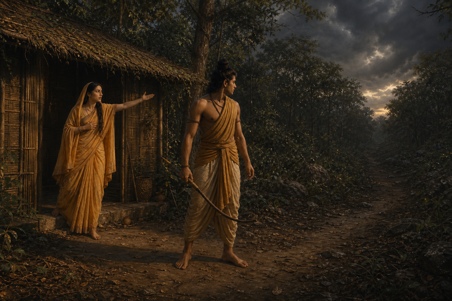 Sita gestures anxiously toward the forest as Lakshmana hesitates beside their leaf dwelling with his bow lowered.