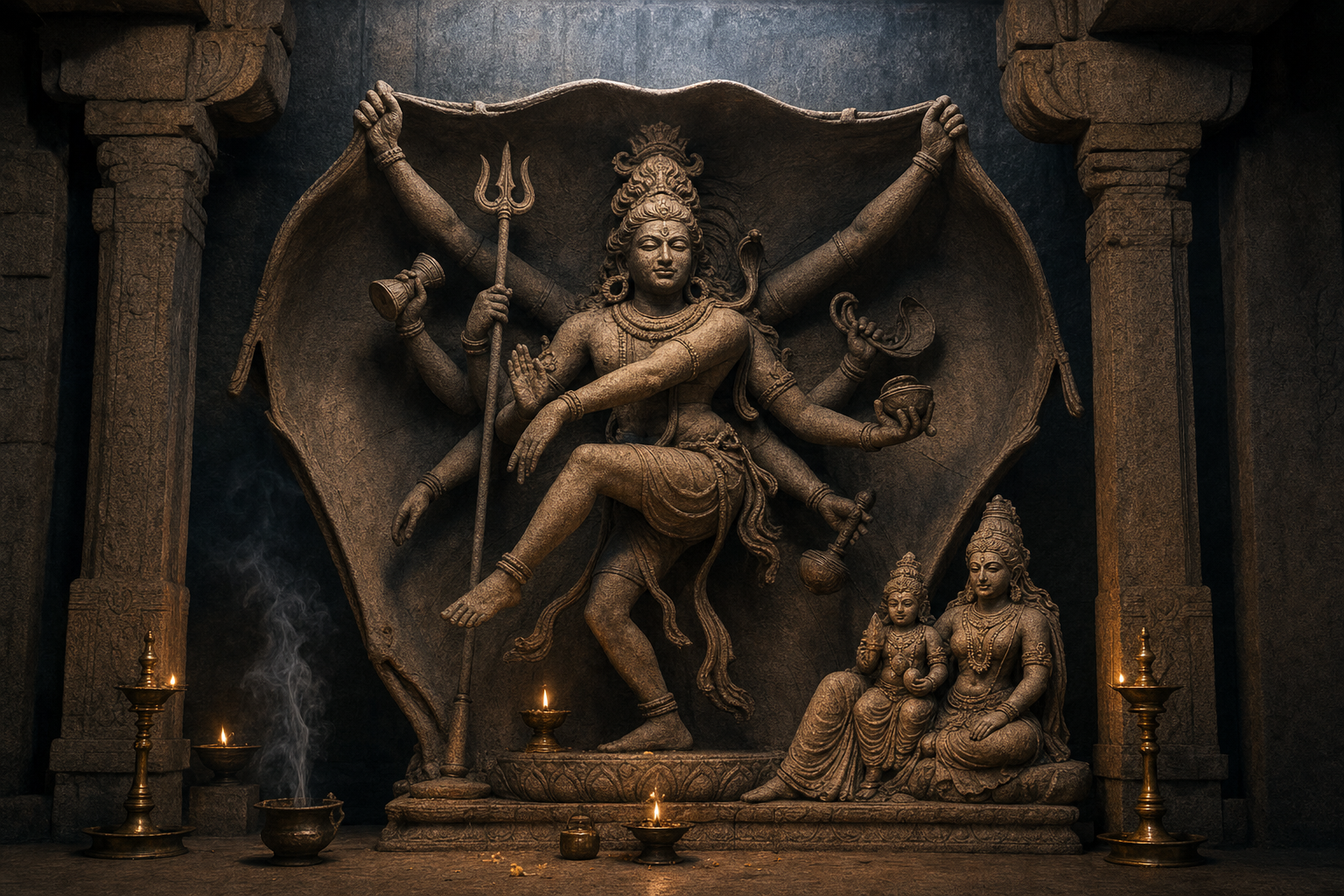 Multi-armed Shiva dances before an outspread elephant hide in a lamp-lit stone temple, with Parvati and the child Skanda standing at one side.