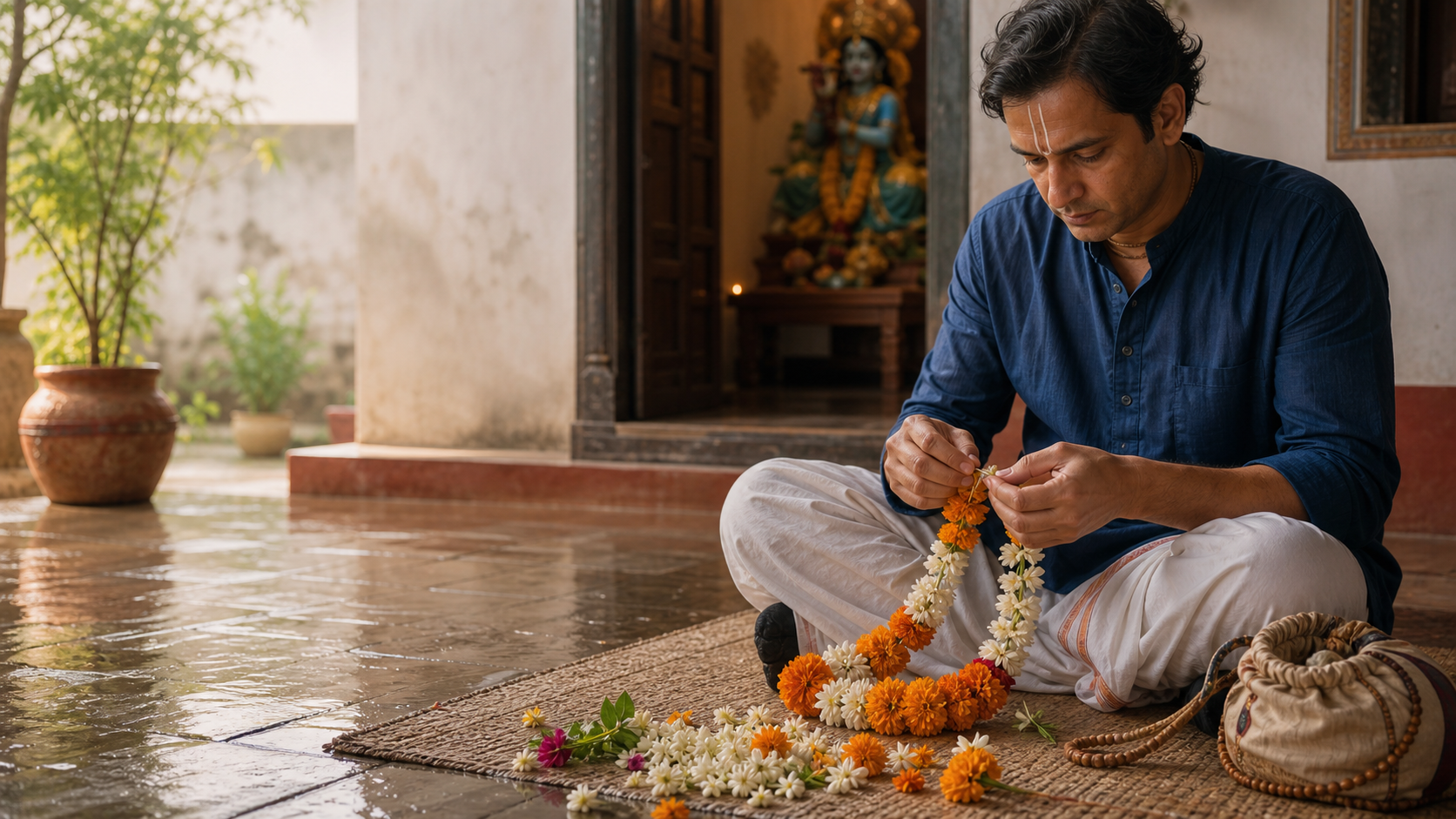 A devotee rethreads a marigold and jasmine garland in a rain-washed courtyard, with a japa bag nearby and a small Krishna altar in the background.
