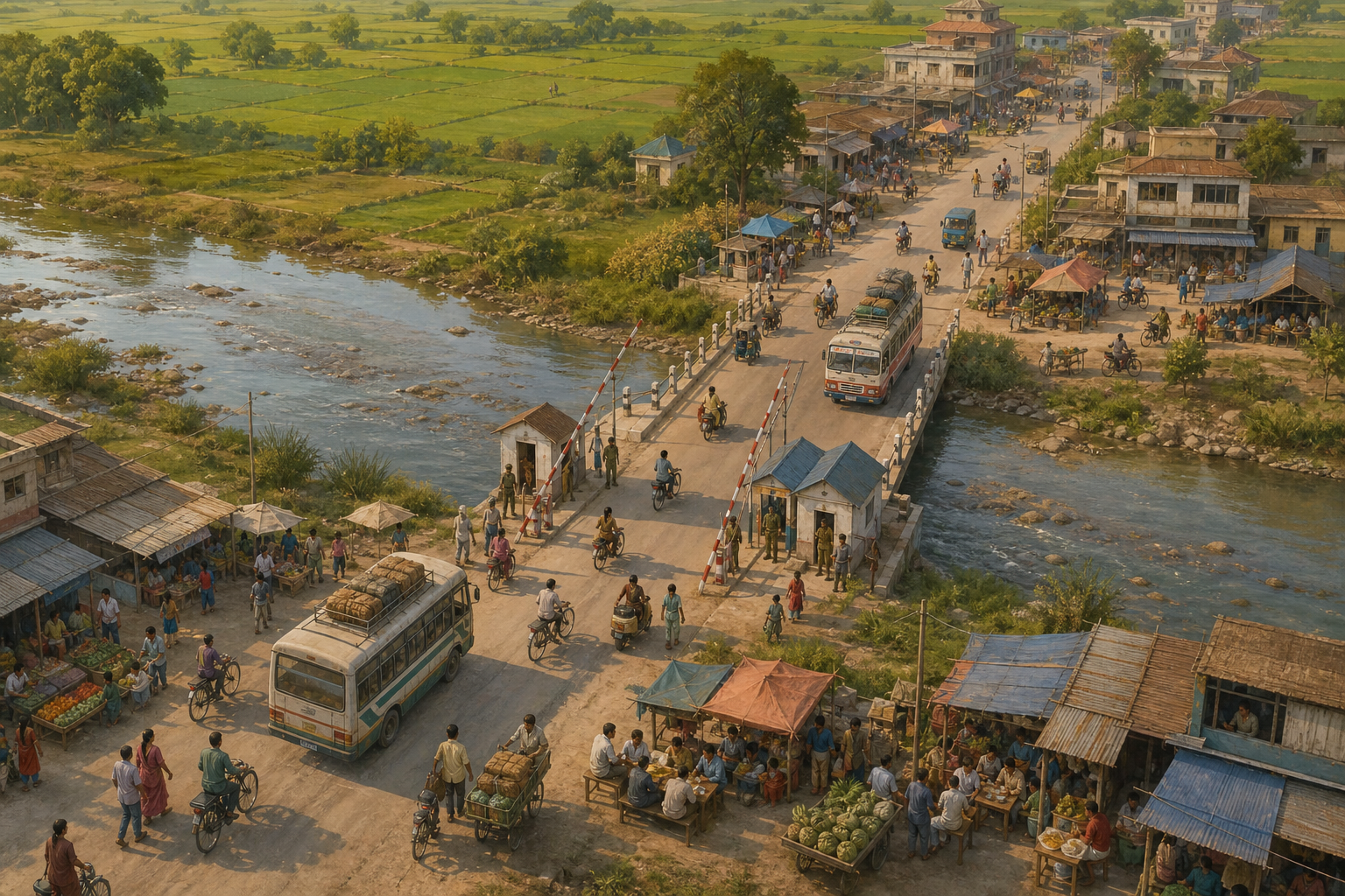 Pedestrians, bicycles, carts, and buses continue crossing an orderly checkpoint between two busy border markets.