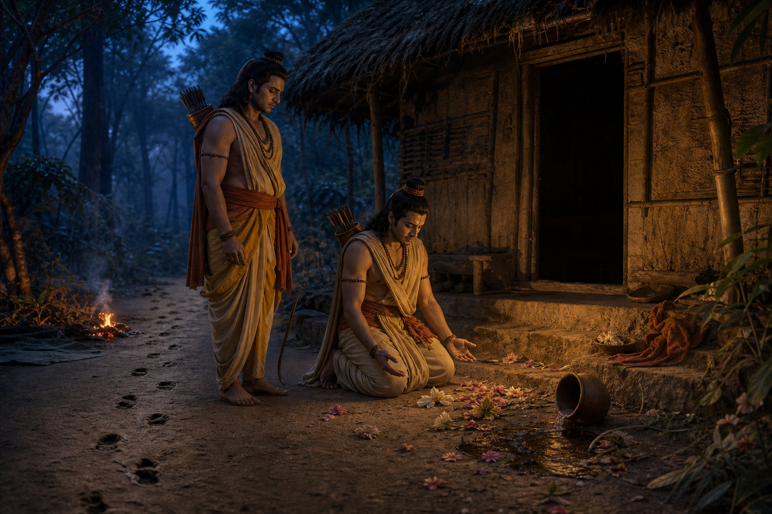 Lakshmana kneels at the empty forest dwelling as Rama stands nearby and footprints disappear into the trees.