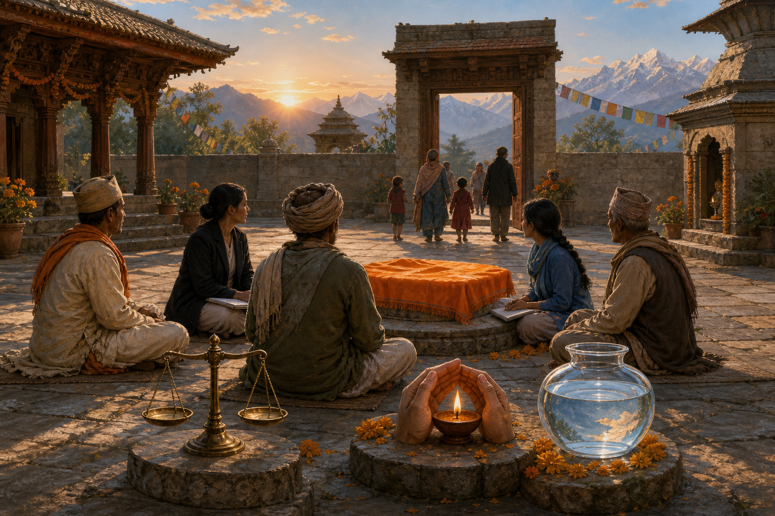 Citizens gather in a temple courtyard around symbols of justice, inclusion, care, and transparent governance.