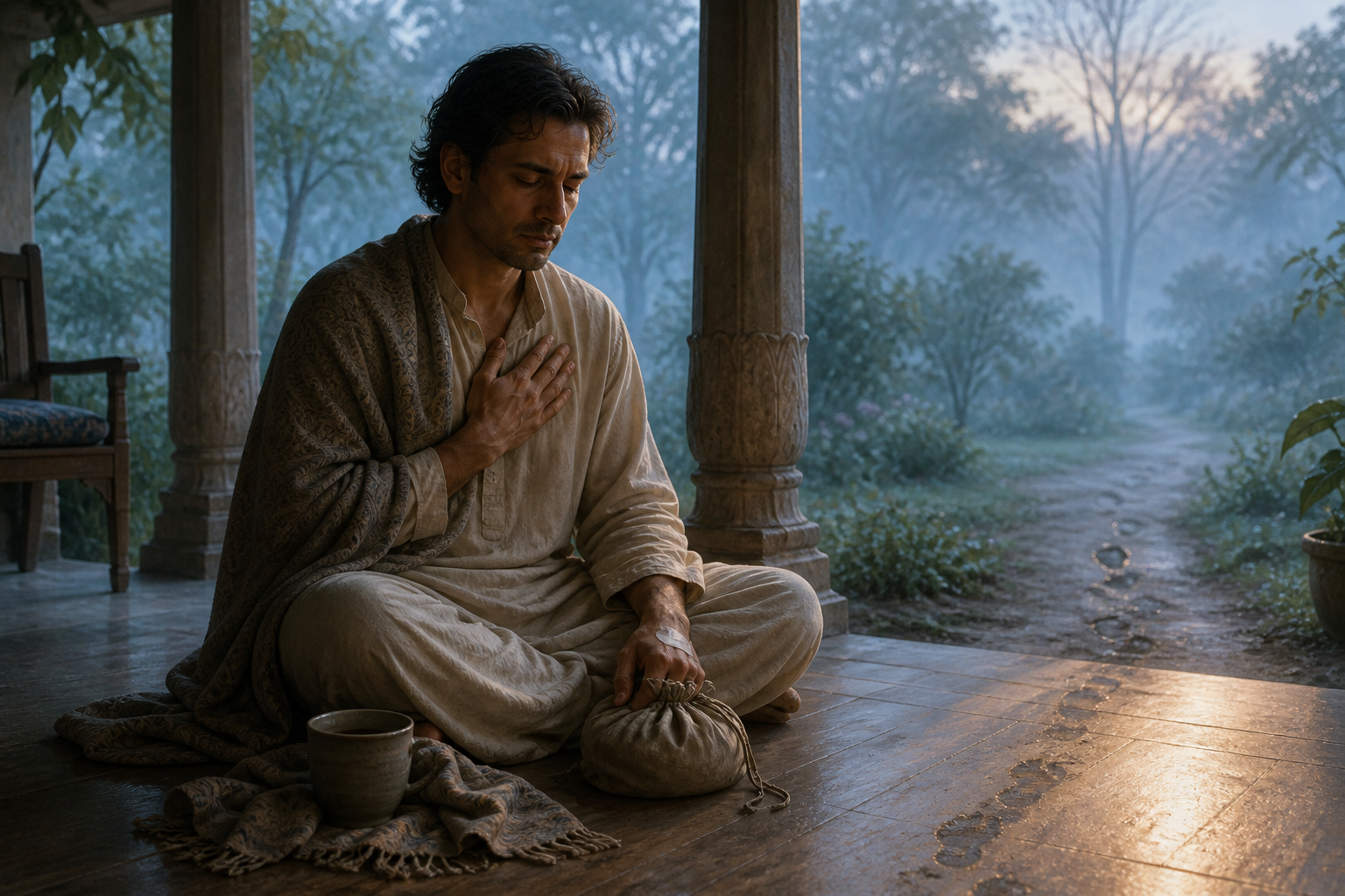 A tired devotee pauses on a veranda beside a closed japa bag, with a rumpled shawl, an untouched cup, and muddy footprints nearby.