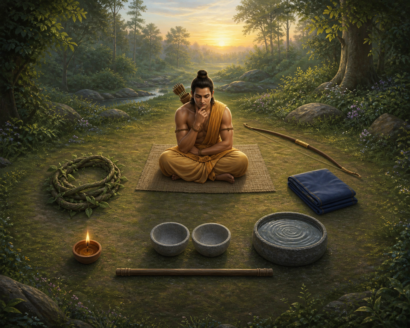 Lakshmana meditates in a forest clearing surrounded by six symbolic objects representing relationships, intention, limits, competing claims, consequences, and affected people.