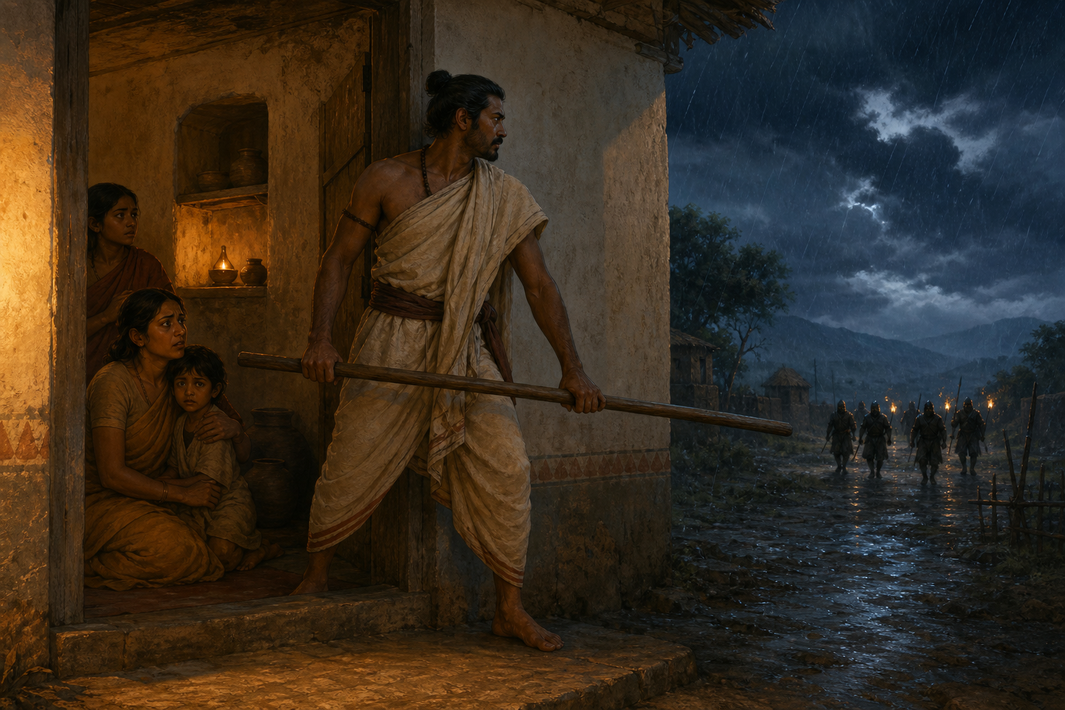 A calm protector with a lowered wooden staff stands at the entrance of a lamplit courtyard home while a family shelters inside and a distant armed threat approaches through rain.