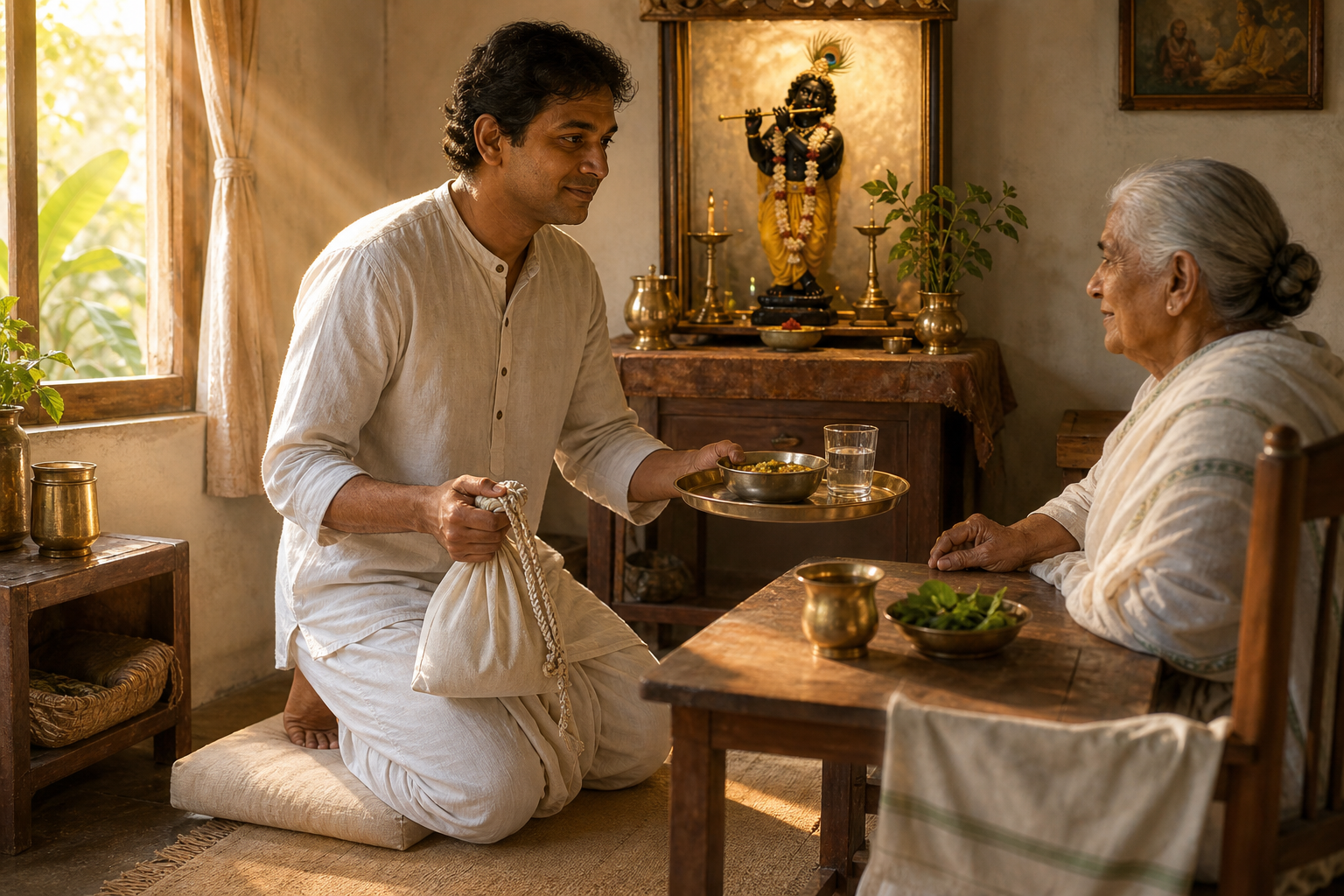 A devotee rises from a prayer cushion near a small Krishna altar and carries food and water toward an elderly family member.
