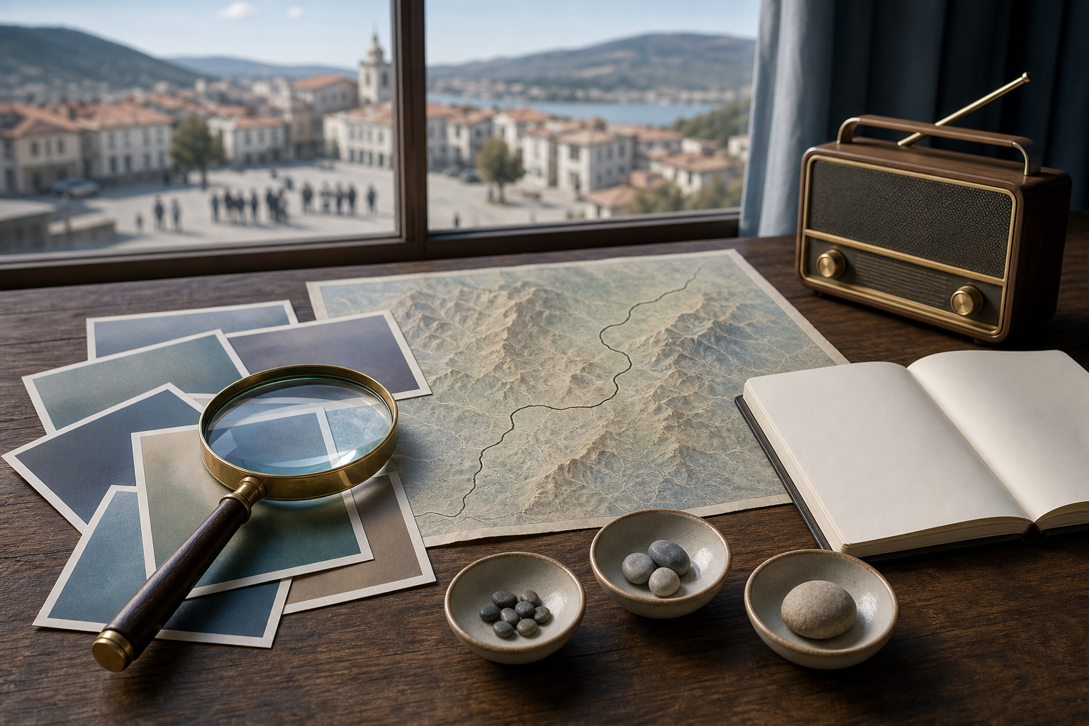 A desk with a magnifying glass, blank notes, an unlabeled border map, and sorted evidence overlooks a peaceful border town.