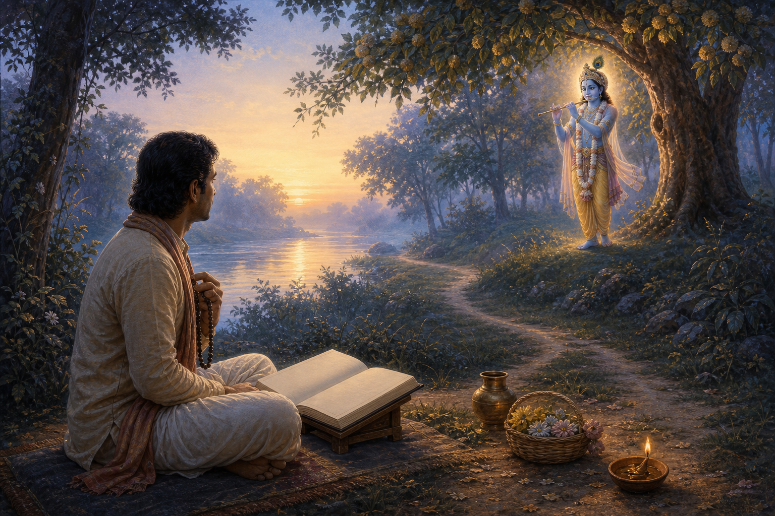 A devotee with prayer beads and an open sacred book sits beside a river as a path leads toward Krishna holding a flute beneath a tree at dawn.