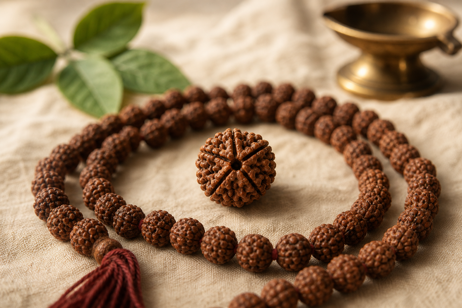 Natural five-faced Rudraksha bead resting on a coiled prayer mala beside green leaves and a brass oil lamp.