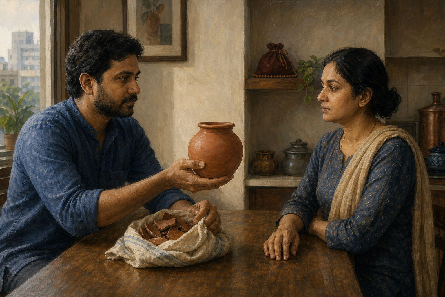 Two adults sit across a kitchen table as one offers a replacement clay vessel and gathers the broken pieces of the original into a cloth.