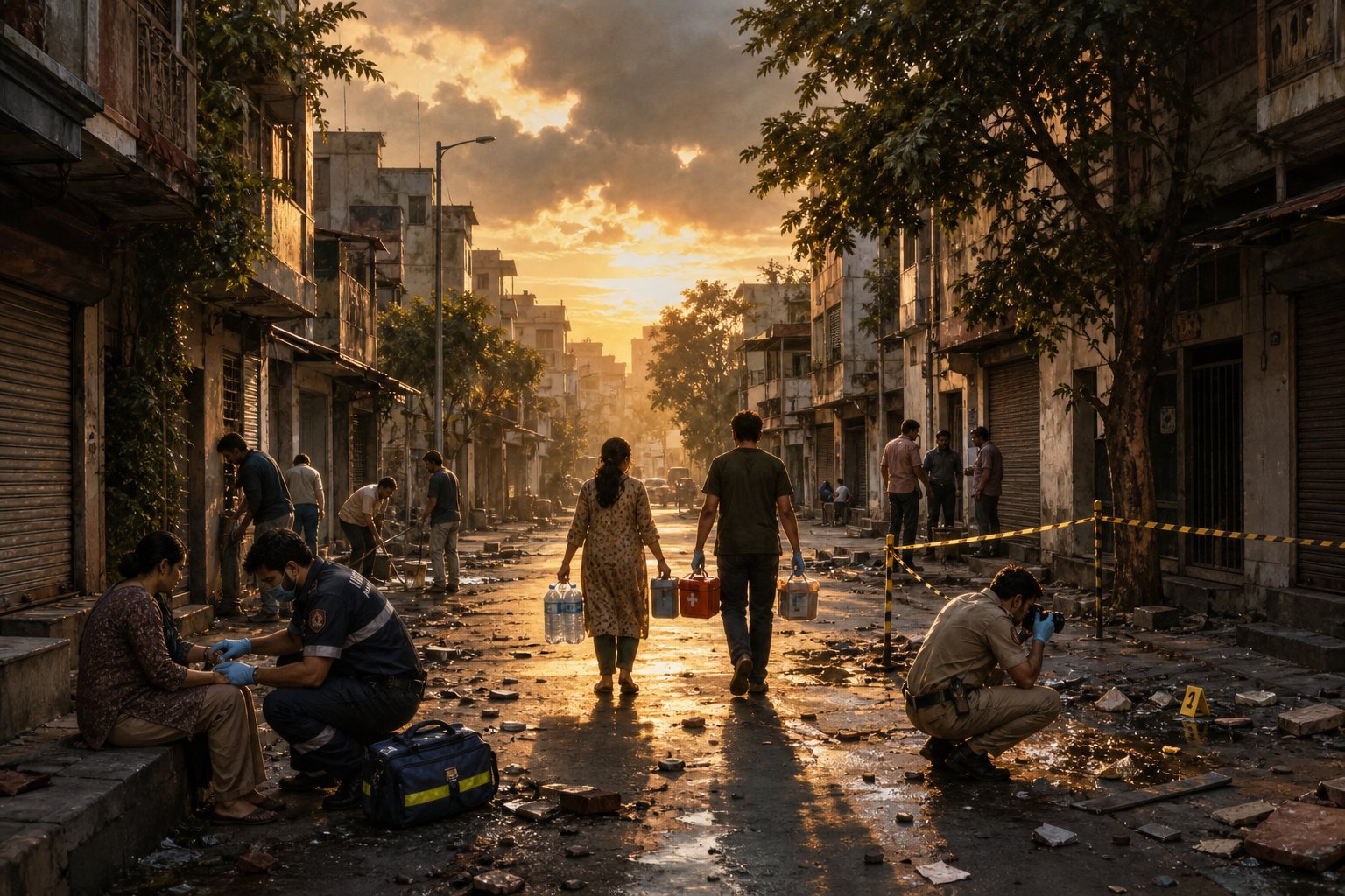 Residents, a paramedic, and an evidence officer work calmly on a damaged Pune neighborhood street after a clash.