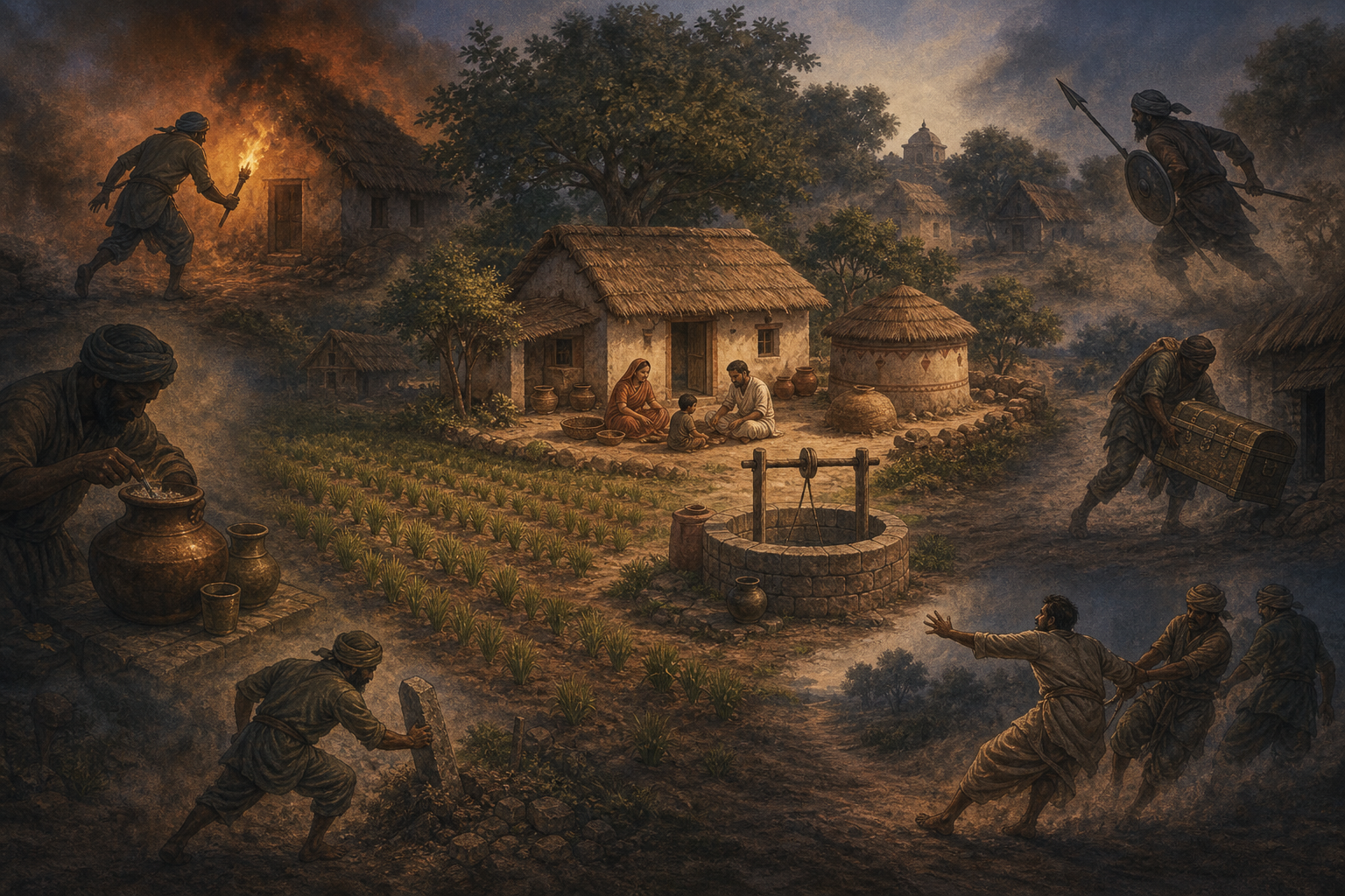 Six threatening acts surround an early Indian homestead: attempted arson, tampering with a drink, armed attack, theft, movement of a field boundary, and the forced removal of an adult.