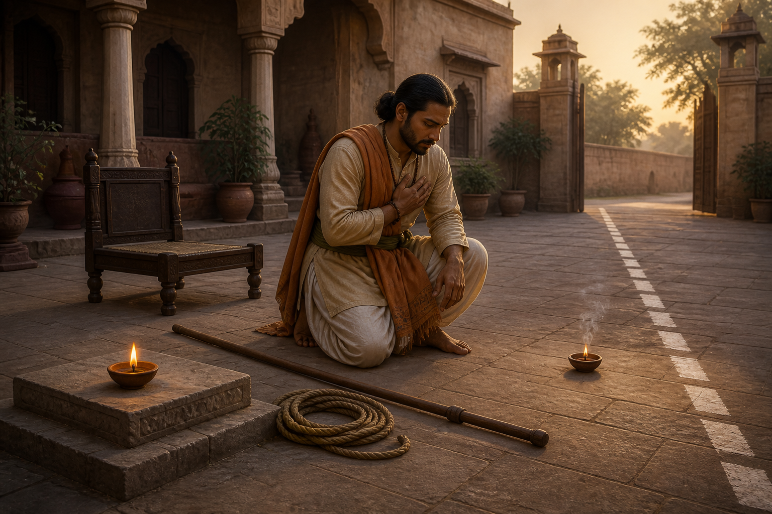 A seated guardian pauses in a dawn courtyard beside a household lamp, a fading oil lamp, a staff and rope, an empty judgment seat, and a boundary line.