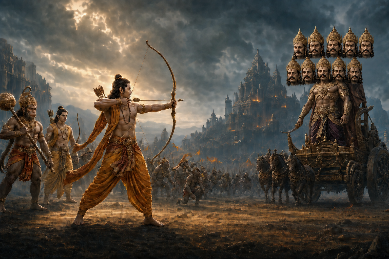 Rama stands on the battlefield with a drawn bow, supported by Lakshmana, Hanuman, and vanara allies as he faces the ten-headed Ravana outside Lanka.