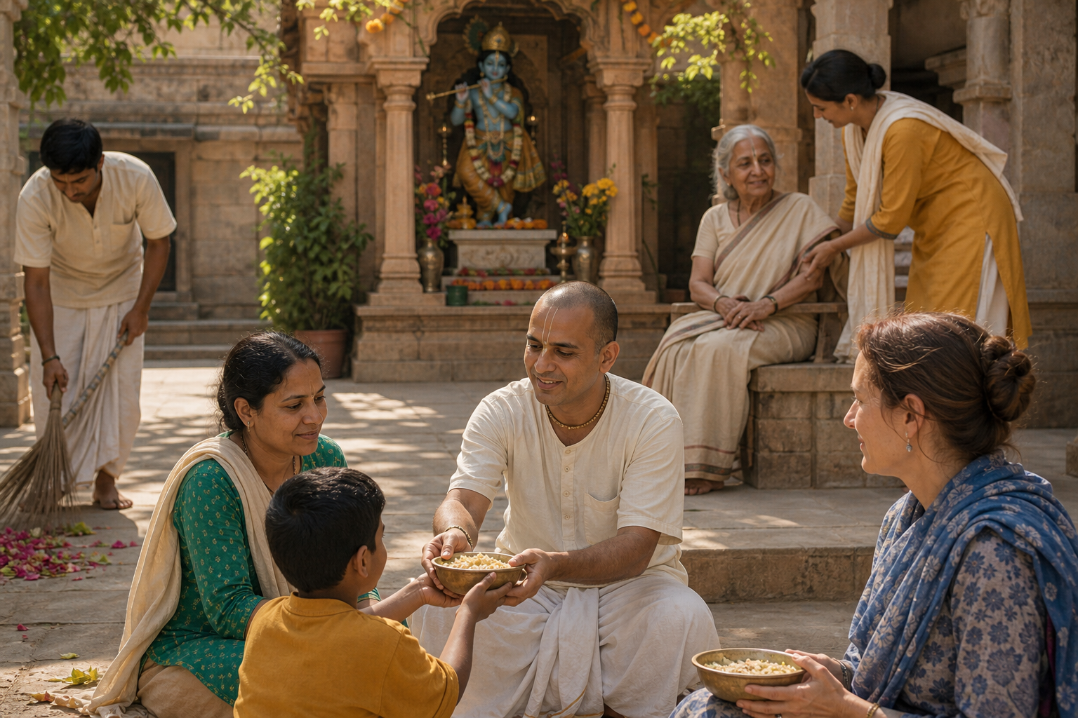 Practitioners quietly distribute food, sweep flower petals, and help an elderly visitor in a sunlit temple courtyard.