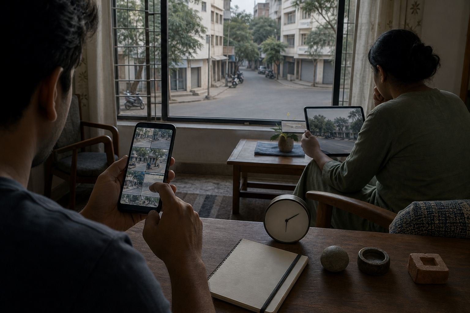 Two people compare phone footage with details from the surrounding street before sharing information.