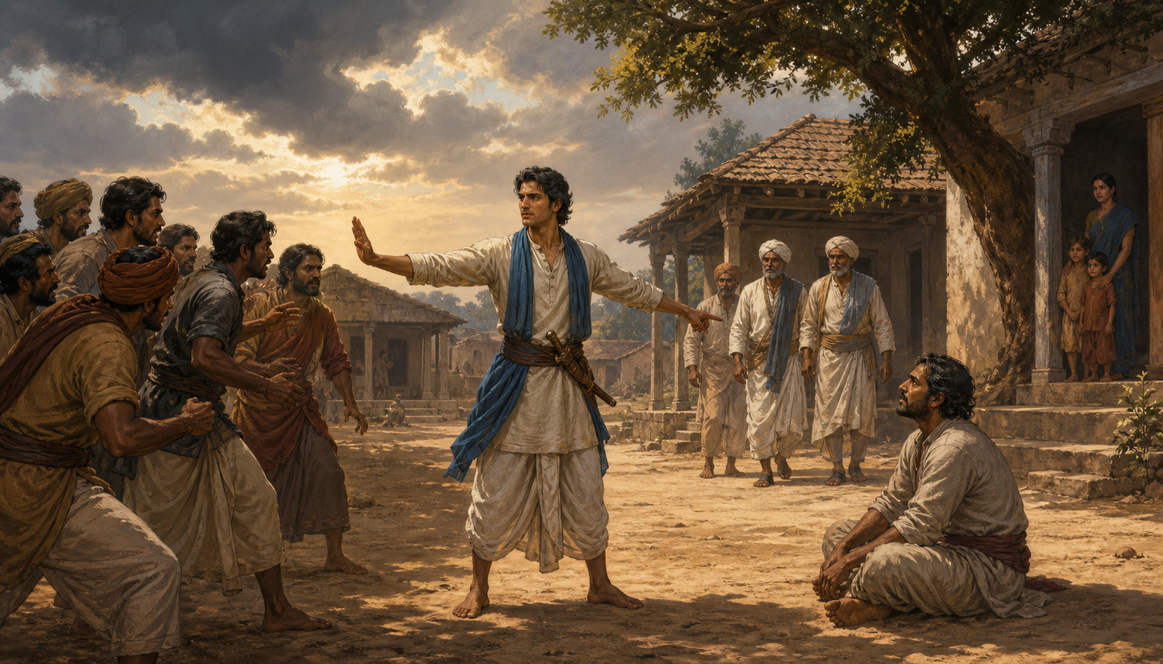 A defender with a sheathed weapon raises an open hand to hold back an angry crowd while a disarmed aggressor sits on the ground and elders approach.