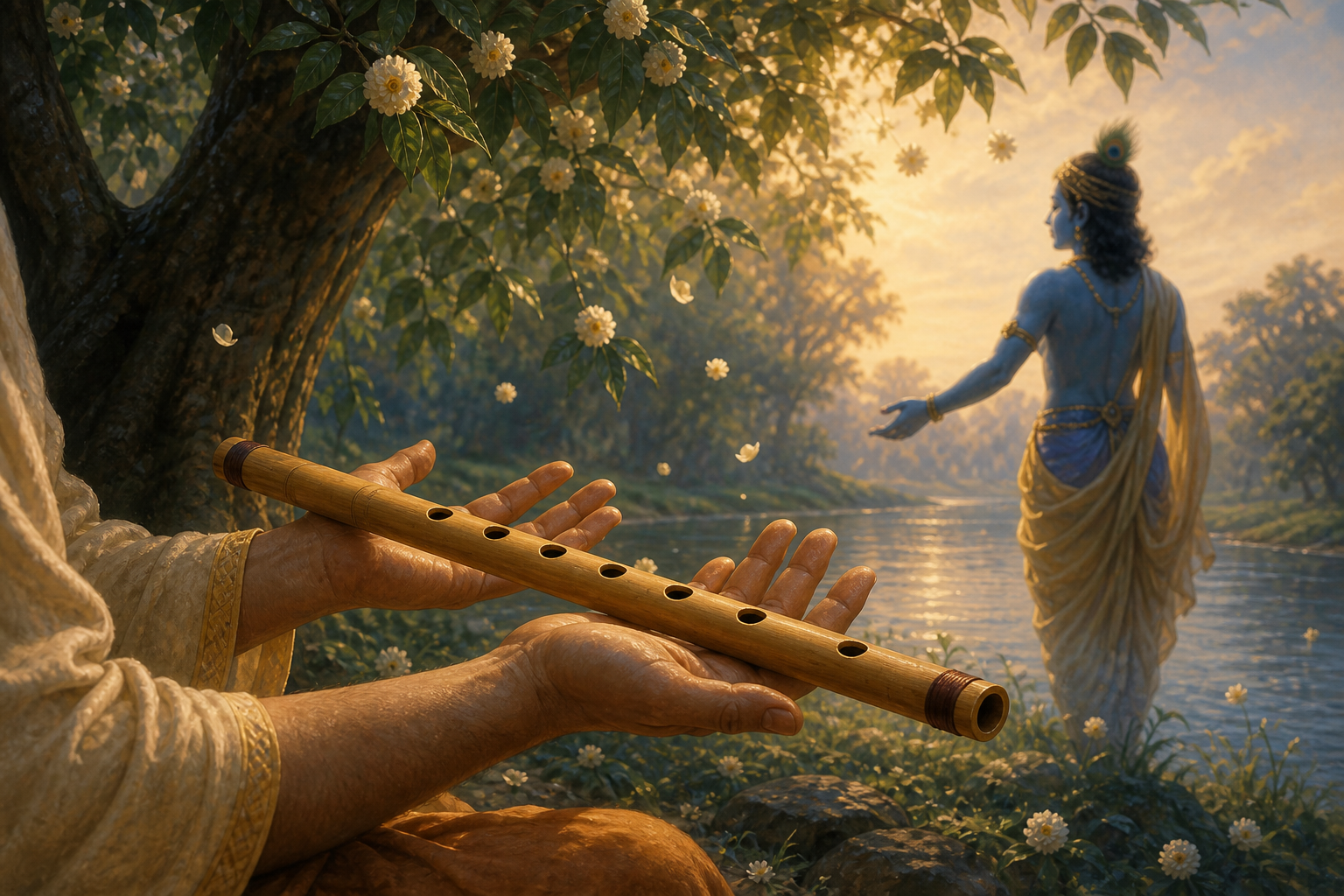 A bamboo flute lies across a devotee's open hands beneath a flowering tree, with Krishna visible near a quiet river in the background.