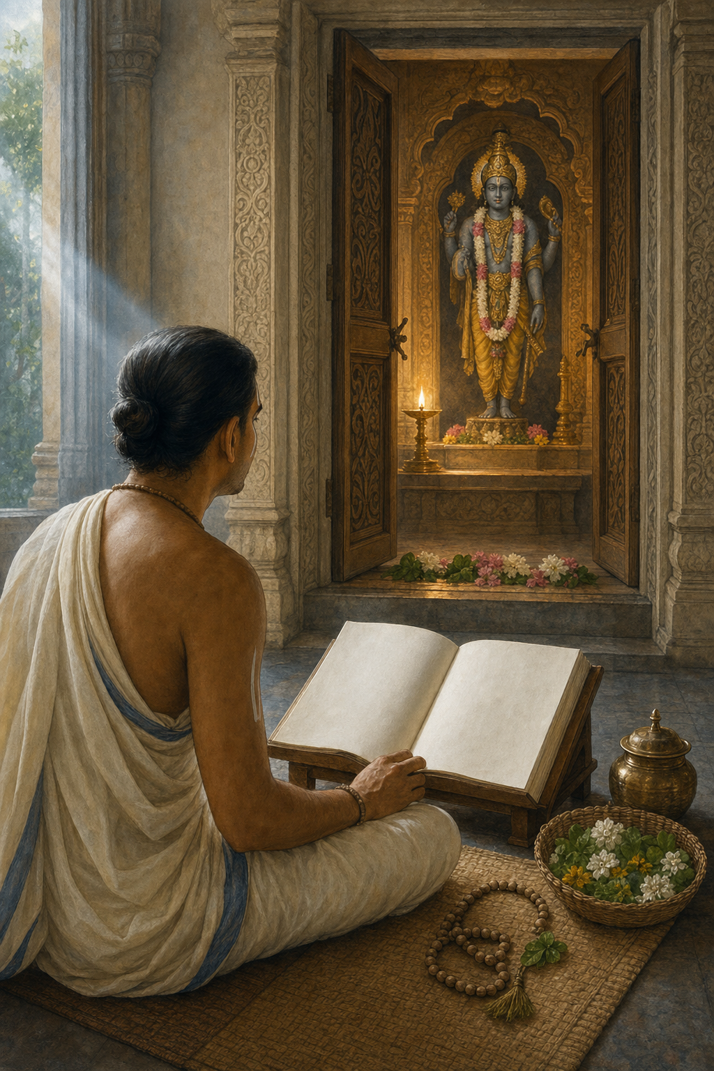 A practitioner sits between an open scripture on a wooden stand and a temple sanctuary containing an illuminated Vishnu murti, with prayer beads and flowers nearby.