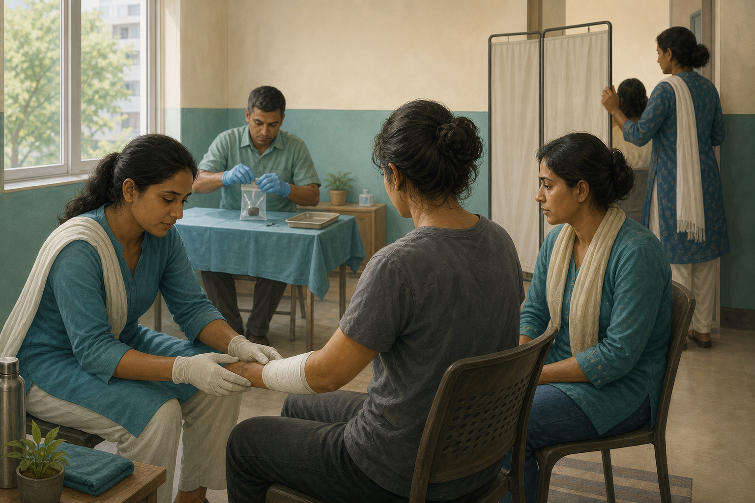 A healthcare worker assists an injured person while volunteers protect a witness's privacy and preserve evidence.