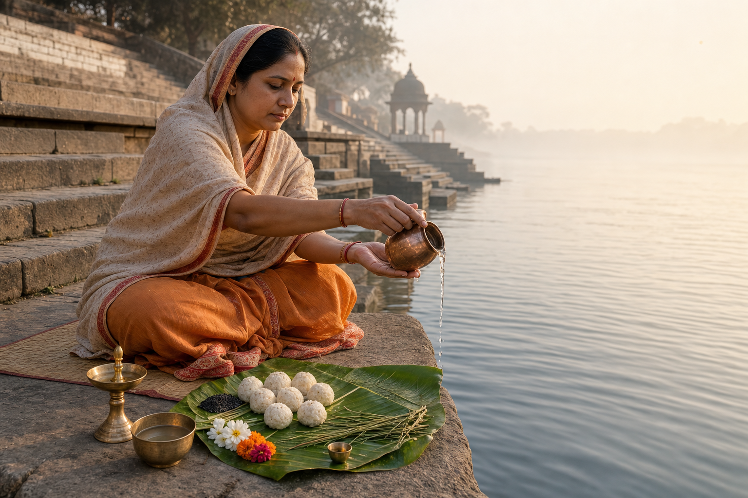 A Hindu woman pours water from a copper vessel during an ancestral rite beside a river, with rice pindas, sesame, grass, flowers, and a lamp arranged before her.