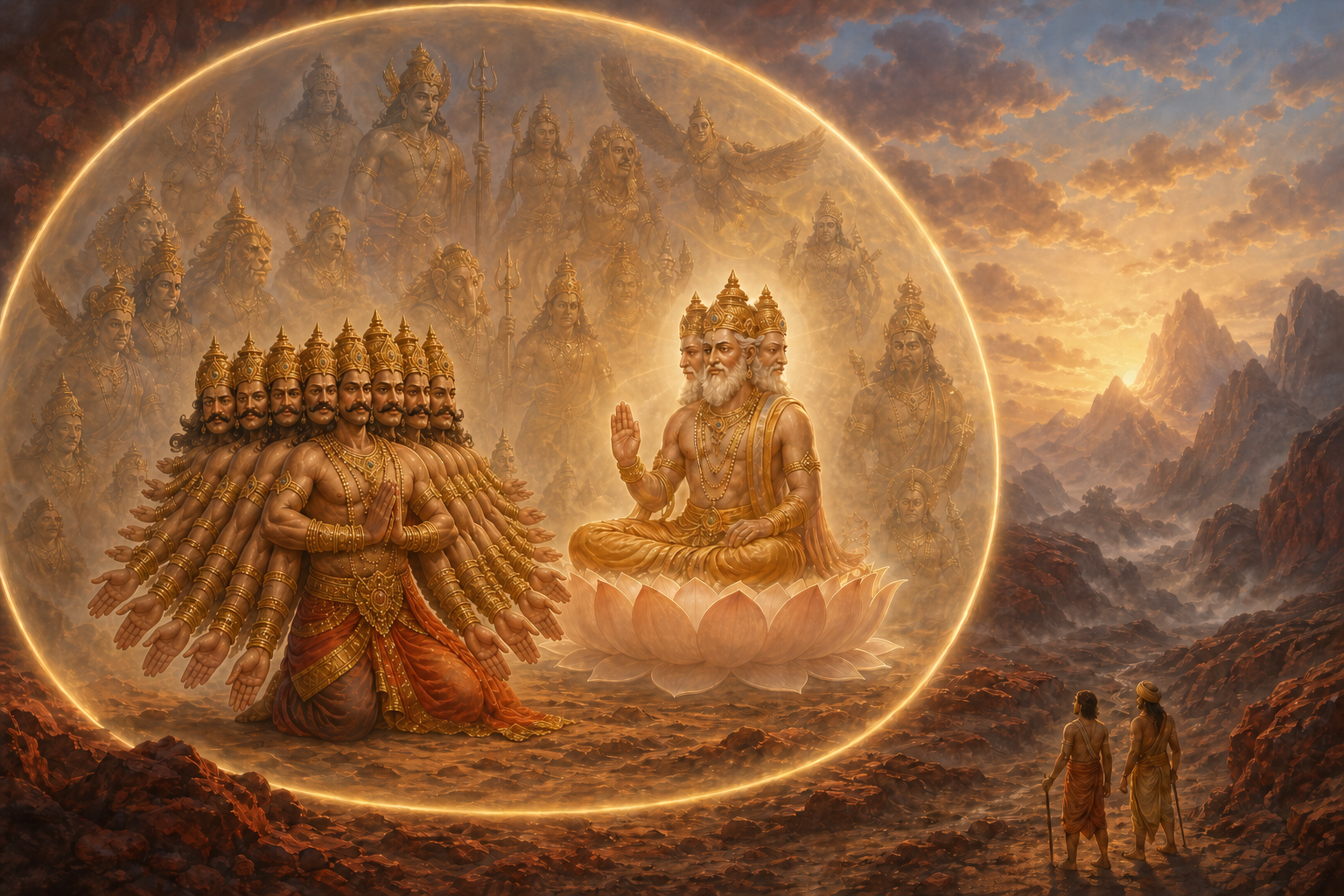 Ravana kneels before the four-faced Brahma as a luminous boundary surrounds celestial figures while ordinary humans remain outside it.