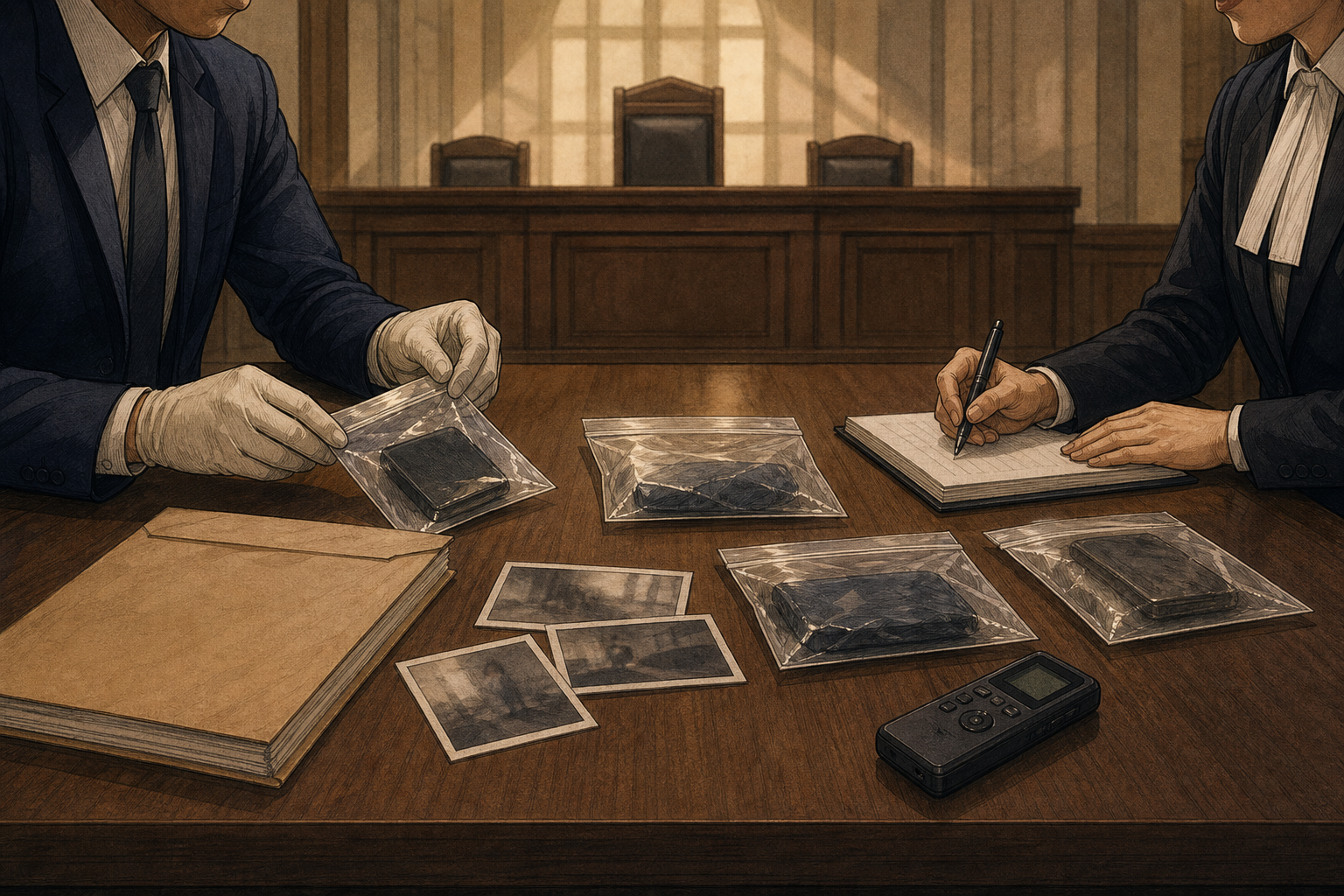 An investigator and legal advocate review sealed evidence and case materials in a neutral courtroom setting.