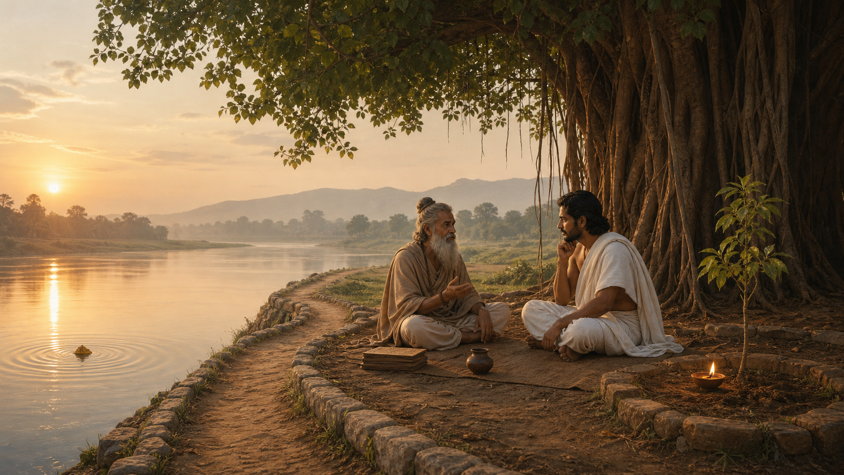 An elder sage and a royal householder converse beneath a banyan tree beside a river, near a stone-bordered path, a young sapling, and a clay lamp.